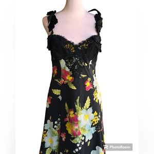 RICKIE FREEMAN for TERI JON Black Floral Print  Cotton Dress Black Lace 4 NWT